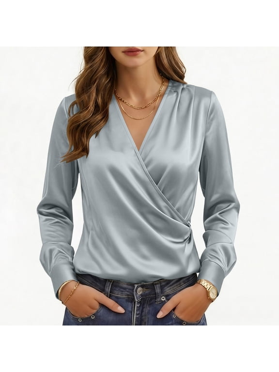 Women's Satin Blouse Silky Wrap V Neck Long Sleeve Dressy Business Work Solid Color Casual Top for Fall Winter