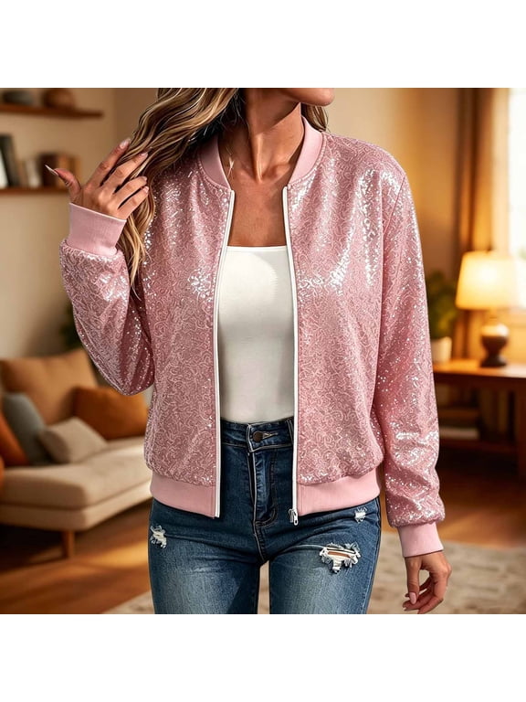 Women's Sequin Bomber Jacket Sparkle Zip Up Jacket Long Sleeve Ribbed Casual Fashion Outerwear for Party Night Out