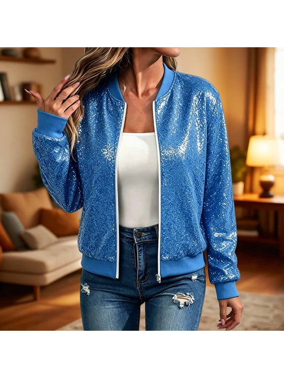 Women's Sequin Bomber Jacket Sparkle Zip Up Jacket Long Sleeve Ribbed Casual Fashion Outerwear for Party Night Out