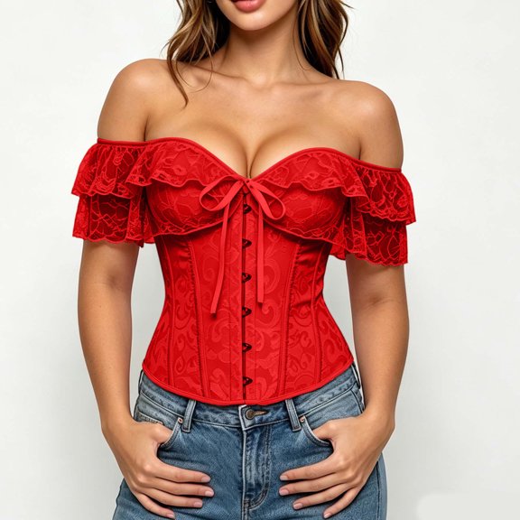 HCBY Women's Off Shoulder Lace Ruffle Trim Corset, Sweetheart Neckline Short Sleeve Bustier Style with Front Lace Up and Button Detail for Halloween Parties