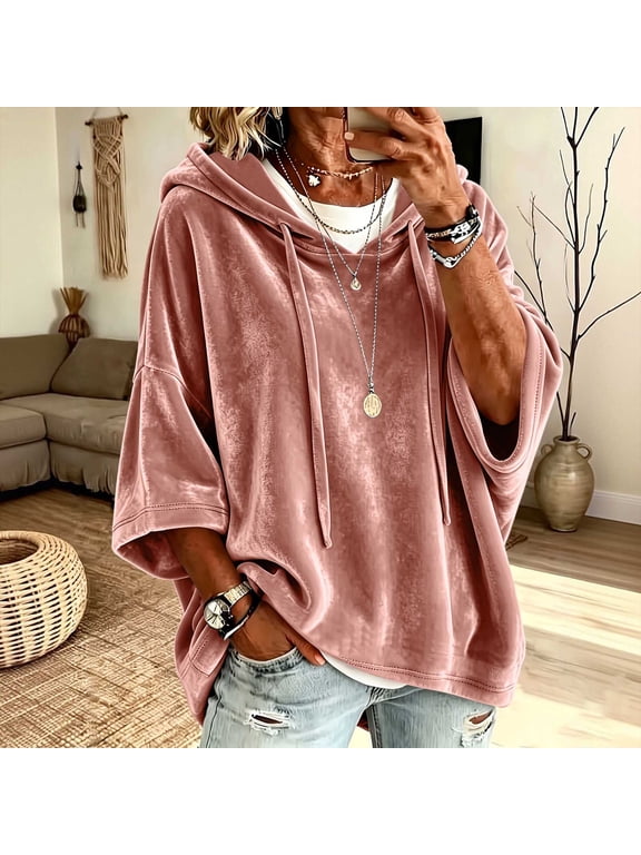 Women's Velour Hoodie Oversized Pullover with Drawstring Hood and Kangaroo Pocket, Loose Fit Casual Velvet Top for Fall Winter Everyday Wear