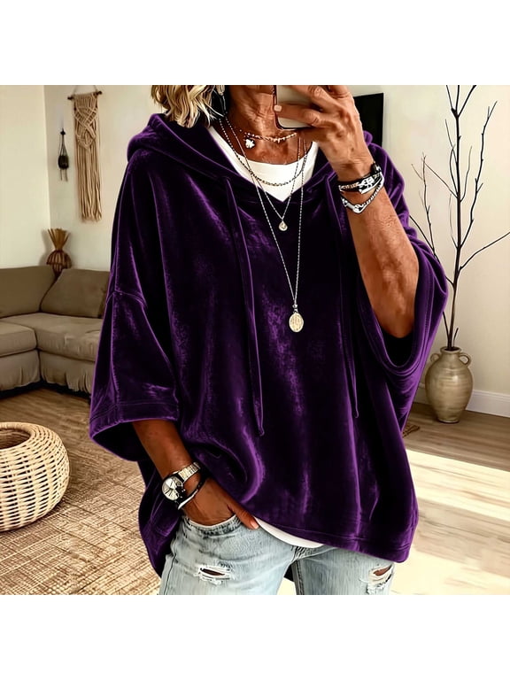 Women's Velour Hoodie Oversized Pullover with Drawstring Hood and Kangaroo Pocket, Loose Fit Casual Velvet Top for Fall Winter Everyday Wear