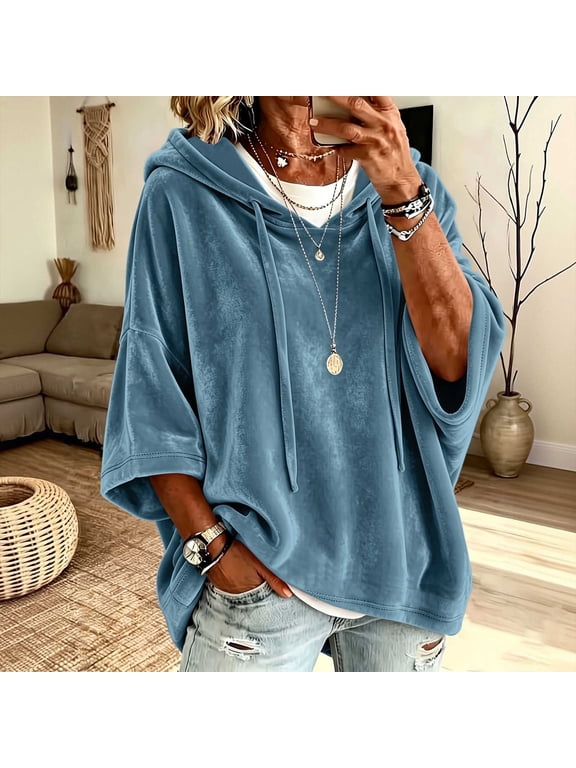 Women's Velour Hoodie Oversized Pullover with Drawstring Hood and Kangaroo Pocket, Loose Fit Casual Velvet Top for Fall Winter Everyday Wear