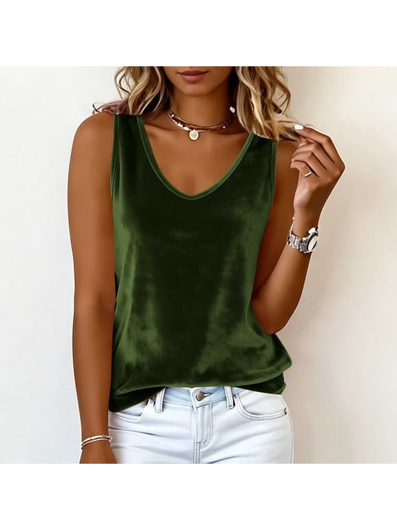 Women's Velvet V-Neck Tank Top Sleeveless Camisole with Wide Straps, Soft Velour Solid Color Casual Layering Top for Fall Winter Everyday Wear