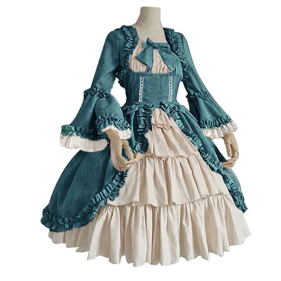 HCBY Women's Vintage Renaissance Square Neck Bell Sleeve Ruffled Dress, A-Line Tiered Victorian Corset Style Gown for Halloween Gothic Fall Theme Parties