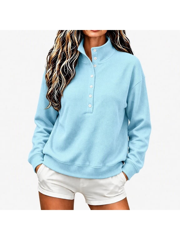 Women's Waffle Knit Henley Top Stand Collar Button Down Long Sleeve Pullover Dressy Casual Fall Work Top