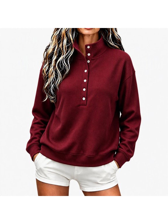 Women's Waffle Knit Henley Top Stand Collar Button Down Long Sleeve Pullover Dressy Casual Fall Work Top