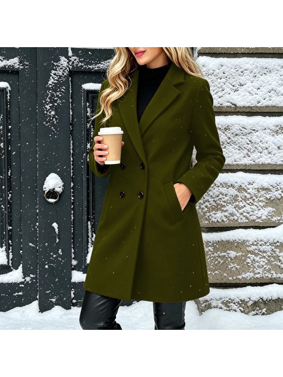 Women's Wool Blend Peacoat Double Breasted Notch Lapel Mid Length Coat with Pockets, Classic Long Sleeve Outerwear for Fall Winter Business Casual