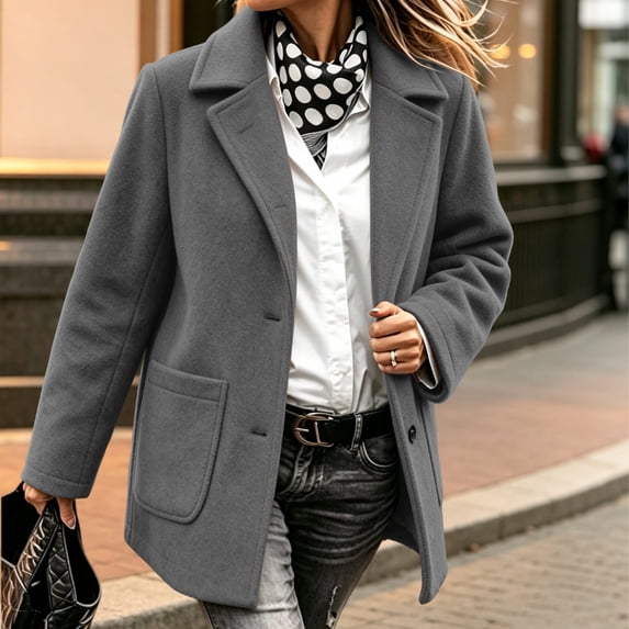 HCBY Women's Wool Blend Peacoat Notch Lapel Single Breasted Mid-Length Long Sleeve Button Front Coat with Pockets Classic Business Winter Outerwear