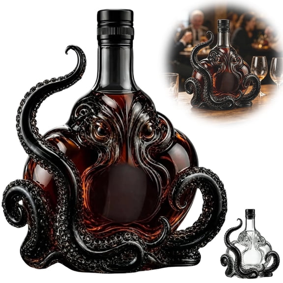 HCCAOD 3D Octopus Sculpted Glass Bottle 12oz, Ocean Theme Decorative Liquor Container, Deep Sea Inspired Display Decanter for Home Bar, Cabinet and Tabletop Decor