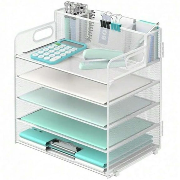 HCETSFQPXRQ 5 Tier Desk Organizer with Handle & 3 Pen Holders, Mesh Paper/File Organizer for Desk, Paper Letter Tray Organizer for Office Supplies Back To School,White