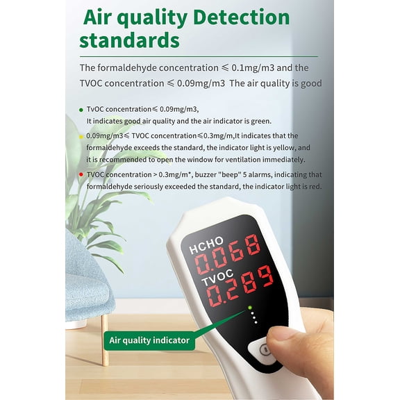 HCHO and TVOC Monitor Portable Detector Indoor Air Quality Monitor HCHO and TVOC Monitor with Audible Alarm LED Indicator for Home HVAC System