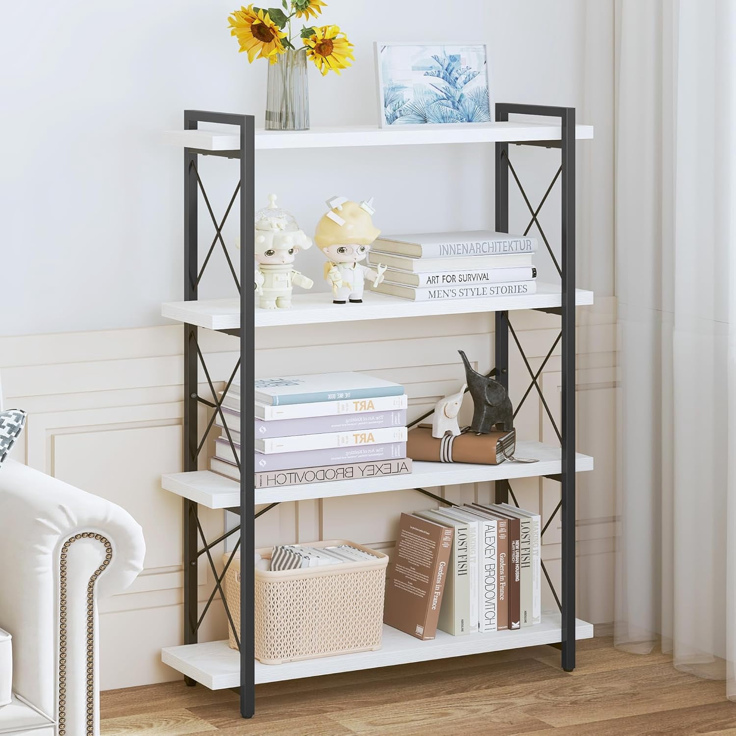 HCHQHS Bookshelf, 4-Tier Industrial Bookcase, Open Book Shelf ...