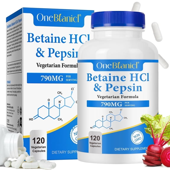 Betaine HCl 790 mg with Pepsin, Healthy Digestion Support, Nutrient Absorption, Vegetarian Formula, 120 Capsules