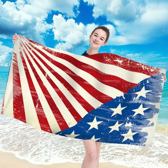 HCJKDU 4th of July Towels Patriotic Red White Blue Stars Stripes Beach Towels Oversized 27x55” Sandproof Lightweight Microfiber Beach Towel Symbolize America Independence Day Bath Towels