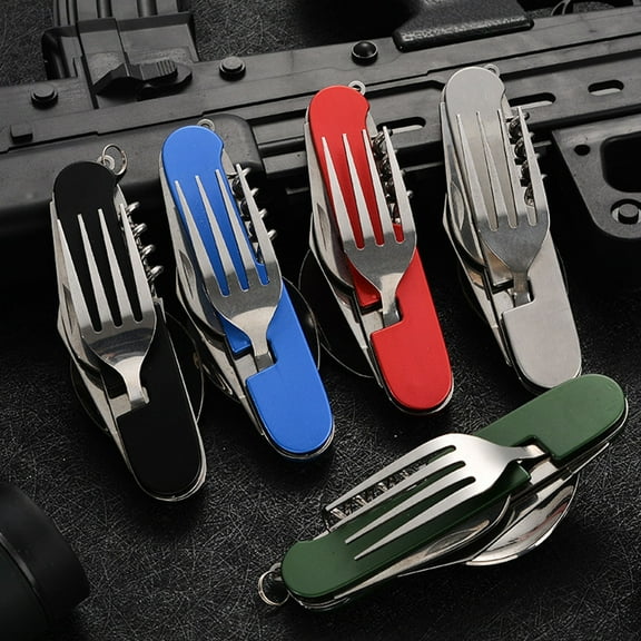 HCJKDU 6-in-1 Multi-Function Camping Utensil Flatware Set Mini Detachable Spoon Fork Knife Combo Mess Kit with Carrying Pouch