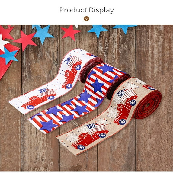 HCJKDU Patriotic Wired Edge Ribbon 4th of July Star Strip Burlap Ribbon Red Blue White American Flag Truck Gnome Wrapping Ribbon for Independence Day Craft Sewing Gift Wrapping