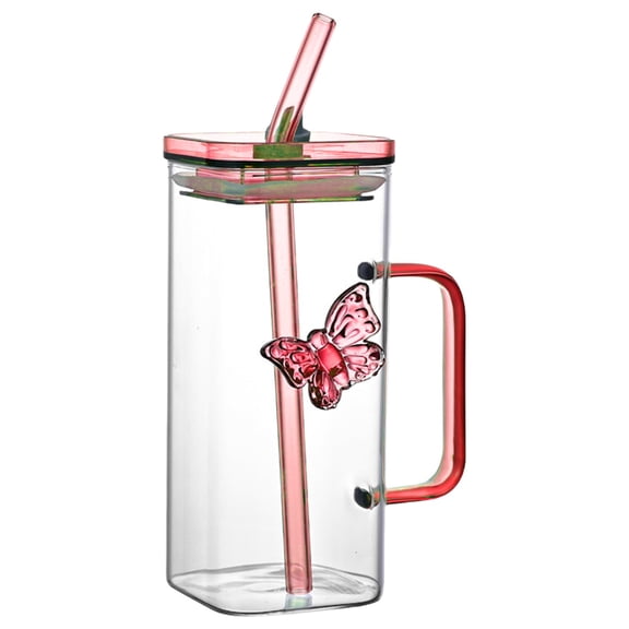 HCJKDU Square Tea and Coffee Glass Mug with Lid and Straw - Glass Sipper Tumbler for Fruit Juice Milk Tea and Coffee Can Cup with Glass Straw