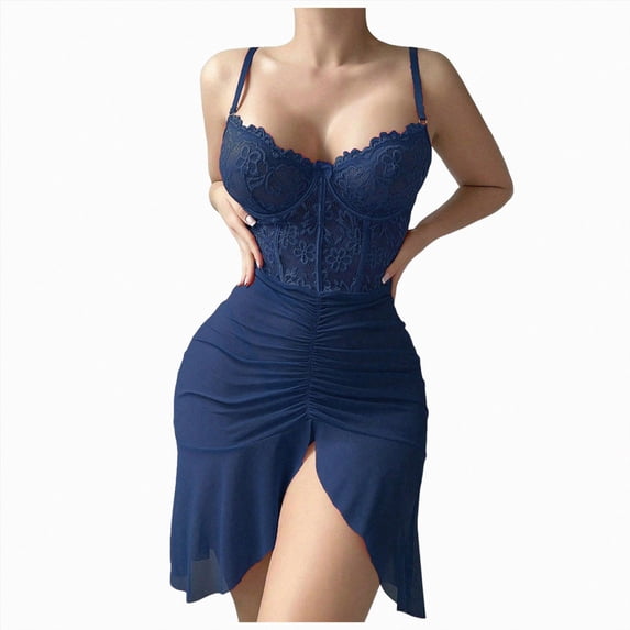 HCNTES 2 Piece Babydoll Lingerie Set Floral Lace Corset Dress For Women Satin Slit Dresses Lace Lingerie Sleepwear Boudoir Outfits Photography (Blue,S)