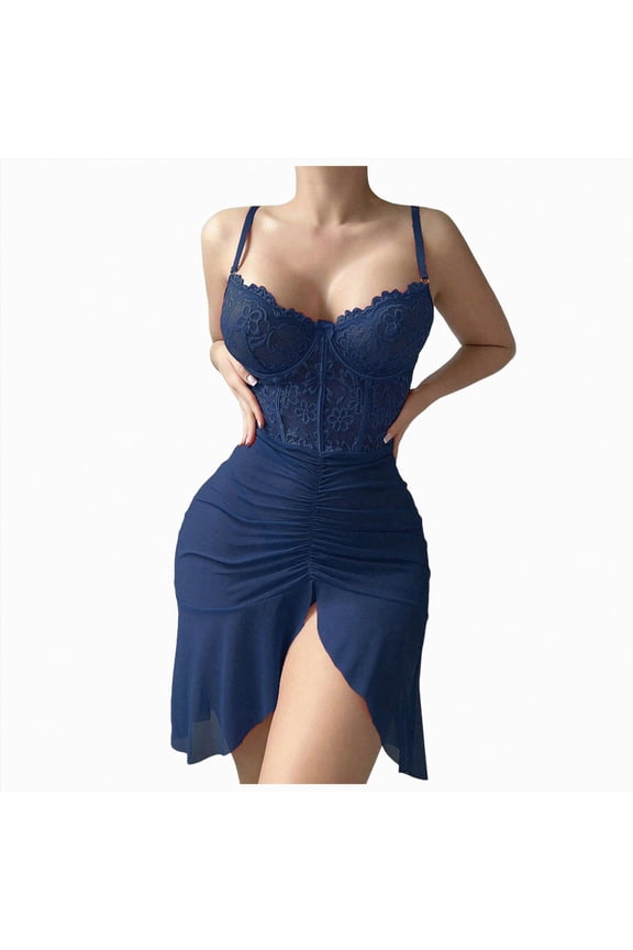 2 Piece Babydoll Lingerie Set Floral Lace Corset Dress For Women Satin Slit Dresses Lace Lingerie Sleepwear Boudoir Outfits Photography (Blue,XL)