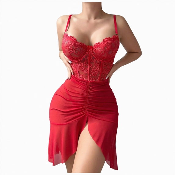 HCNTES 2 Piece Babydoll Lingerie Set Floral Lace Corset Dress For Women Satin Slit Dresses Lace Lingerie Sleepwear Boudoir Outfits Photography (Red,S)