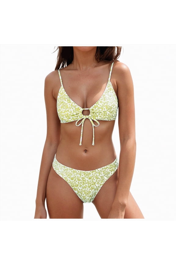 2 Piece Bikini Sets for Women Halter Triangle Bikini Tops Brazilian String Swimsuit Full Coverage Bottom Bathing Suit(Yellow,XL)