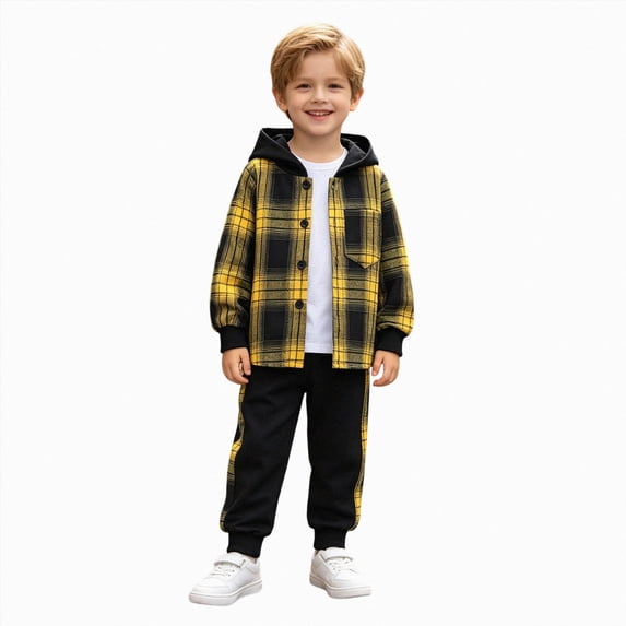 HCNTES 2 Pieces Sweatsuit Flannel Plaid Shirt Tops Hoodies Cargo Sweat Pants Clothing Set