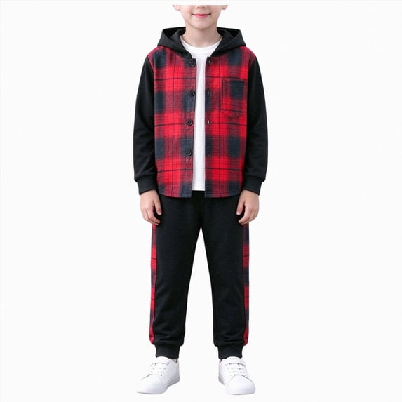 HCNTES 2 Pieces Sweatsuit Flannel Plaid Shirt Tops Hoodies Pullover Jacket Cargo Sweat Pants Clothing Set Baby Boy Winter Clothes Hooded Color Blocked Set
