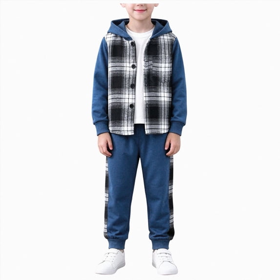 HCNTES 2 Pieces Sweatsuit Flannel Plaid Shirt Tops Hoodies Pullover Jacket Cargo Sweat Pants Clothing Set Baby Boy Winter Clothes Hooded Color Blocked Set