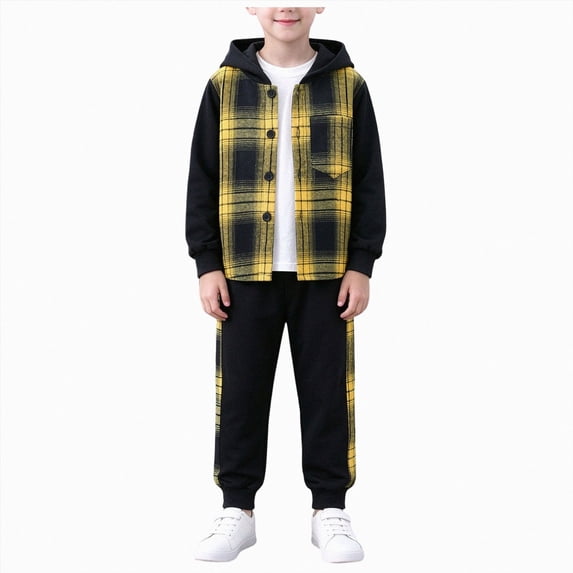 HCNTES 2 Pieces Sweatsuit Flannel Plaid Shirt Tops Hoodies Pullover Jacket Cargo Sweat Pants Clothing Set Baby Boy Winter Clothes Hooded Color Blocked Set