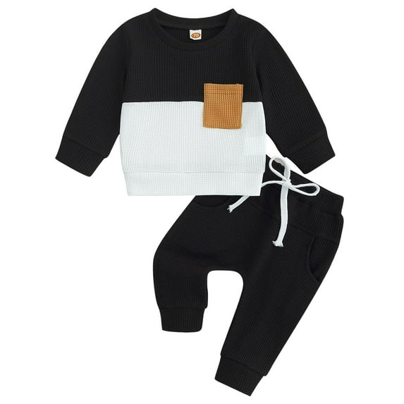 HCNTES 2Pcs Toddler Baby Boy Sweatshirt Clothes Color Block Long Sleeve Pullover Sweatshirt Top Jogger Pants Fall Outfits baby boys clothes 12 18 months sale(Black,18-24 Months)