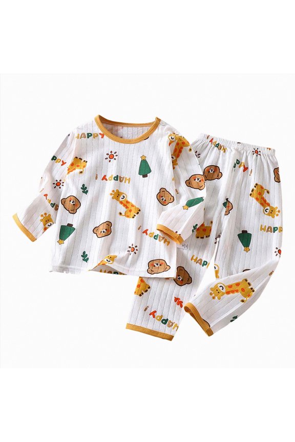 Adorable Toddler Boy Sleepwear Dino Bear Allover Print Ribbed Tee and Pants 2-Piece Set for Cozy Nights
