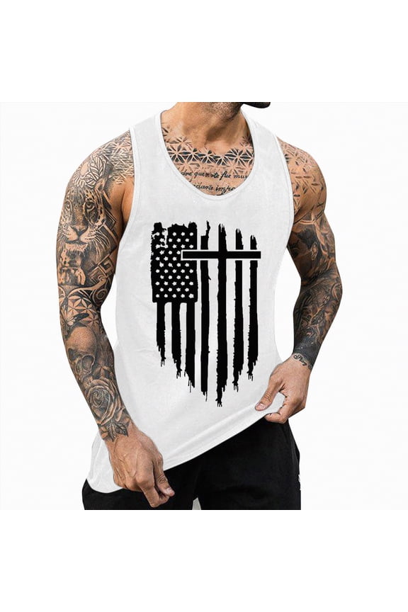 American Flag Tank Top for Men - USA Patriotic 4th of July Shirt | Merica Sleeveless Tops for Memorial Day(White,L)