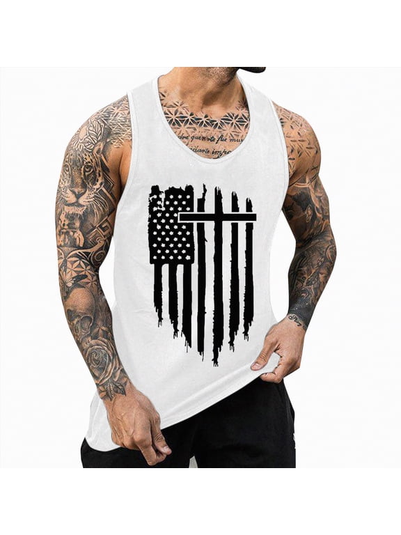 American Flag Tank Top for Men - USA Patriotic 4th of July Shirt | Merica Sleeveless Tops for Memorial Day(White,XL)