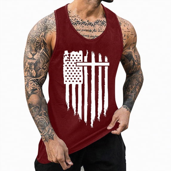 HCNTES American Flag Tank Top for Men - USA Patriotic 4th of July Shirt | Merica Sleeveless Tops for Memorial Day(Wine,XL)