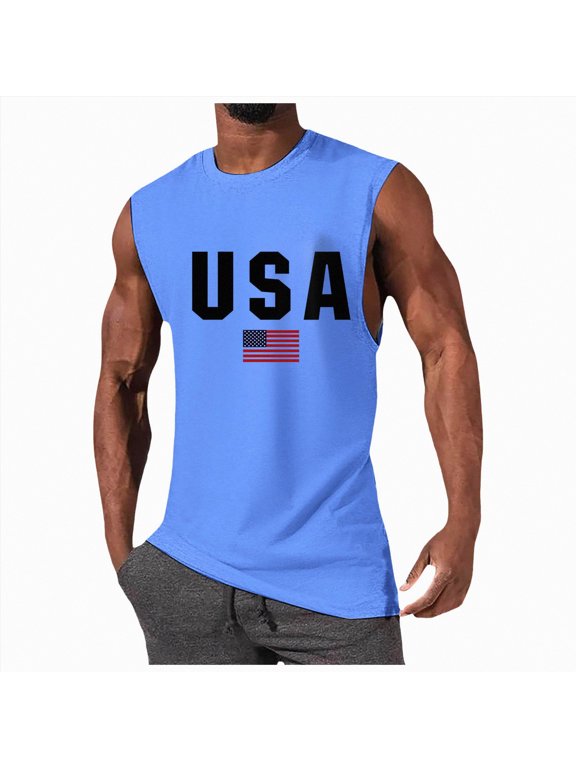 American USA Flag Tank Top for Men Patriotic 4th of July Sleeveless Shirt(Blue,XXXL)