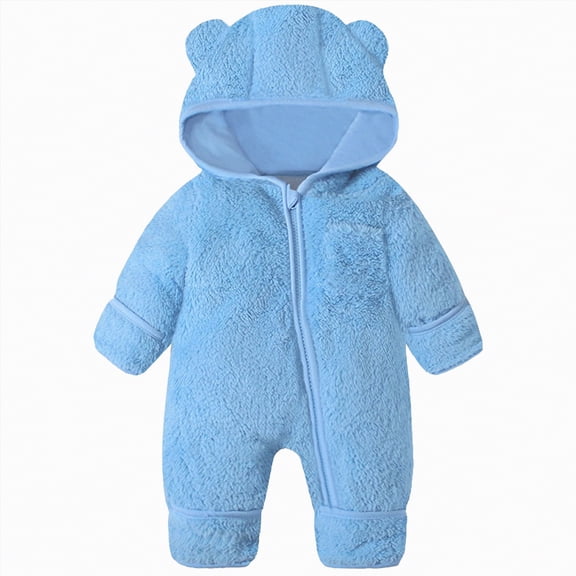 HCNTES Baby Bear Outfit Suit Fold Over Mittens Footies Girls Boys Winter Fleece Clothes Hooded Jumpsuit Romper(6-9 Months,F51-Blue)