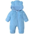 thumbnail image 1 of HCNTES Baby Bear Outfit Suit Fold Over Mittens Footies Girls Boys Winter Fleece Clothes Hooded Jumpsuit Romper(G107-Blue,9-12 Months), 1 of 7