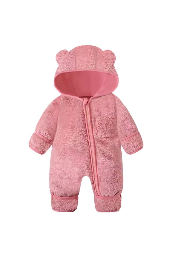 Baby Bear Outfit Suit Fold Over Mittens Footies Girls Boys Winter Fleece Clothes Hooded Jumpsuit Romper(G144-Pink,6-9 Months)
