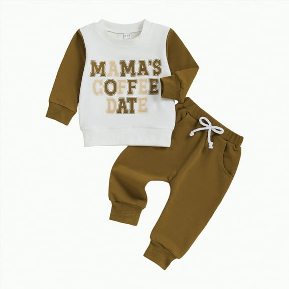 HCNTES Toddler Baby Boy Fall Winter Clothes Long Sleeve Letter Print Crewneck Sweatshirt and Elastic Pants Outfits(Coffee#2_2,6-12 Months)