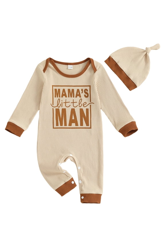 Baby Boy Clothes Little Bro Romper Jumpsuit Ribbed Knit Long Sleeve Bodysuit With Hat(Y51-Beige,3-6 Months)