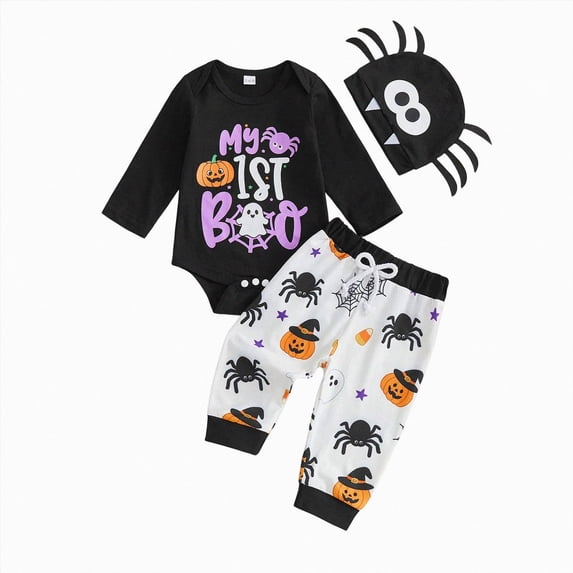HCNTES Baby Boy Clothes Newborn Halloween Onesie Baby my 1st boo Printed Long Sleeve Top Pants Hat Baby Boys' Clothing Sets