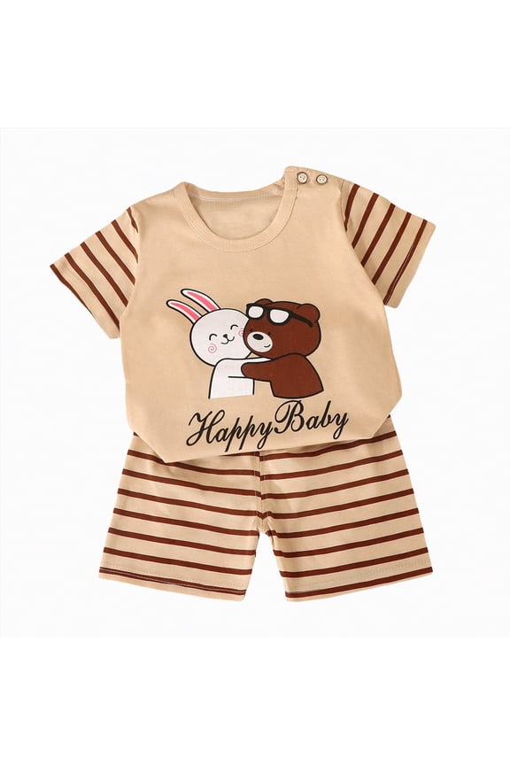 Baby Boy Girl Cute Soft Clothing Sets Short Sleeve Tops and Pants Kids 2pcs Casual Outfits Spring Fall Summer Unisex Loungewear Outfits Set(Beige,18-24 Months)
