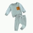 thumbnail image 1 of HCNTES Baby Boy Girl Fall Outfits Checkered Plaid Pullover Sweatshirt Top Pants Set Trendy Toddler Checkerboard Outfit(Light Blue&2#1,12-18 Months), 1 of 6
