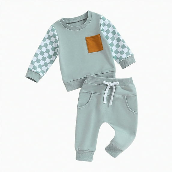 HCNTES Baby Boy Girl Fall Outfits Checkered Plaid Pullover Sweatshirt Top Pants Set Trendy Toddler Checkerboard Outfit(Light Blue&2#1,3-6 Months)