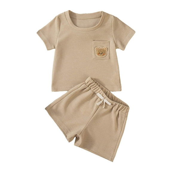 HCNTES Baby Boy Shorts Set Summer Clothes Toddler Bear Embroidery Short Sleeve Lapel T Shirt Shorts Outfit toddler boys short sets(0-3 Months,Khaki)