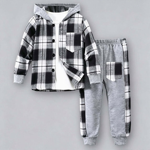 HCNTES Baby Boy Winter Clothes 3T 4T 5T 6T 7T 2 Piece Button Down Plaid Hoodie and Side Stripe Jogger Sweatpants Casual Kids Boys Hooded Tracksuit Set