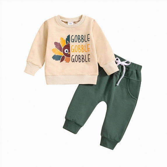 HCNTES Baby Boy Winter Clothes 6 12 18 24 Months 2T 3T Thanksgiving Outfits Long Sleeves Cartoon Letter GOBBLE Print Shirt Tops Sweatshirt Elastic Pants Set