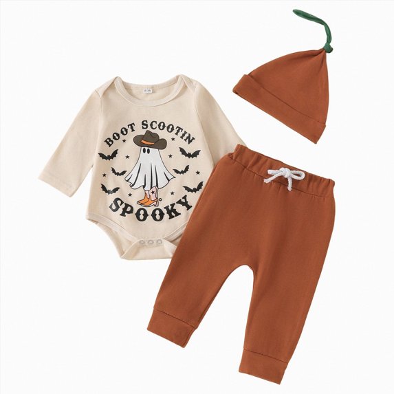 HCNTES Baby Boy Winter Clothes Baby Boy Halloween Outfit Newborn Baby Boy Clothes Letter boot scootin spooky hand picked the pumpkin Print Romper+ Pants+Hat 3PCS Outfit 0 3 6 9 12 Months