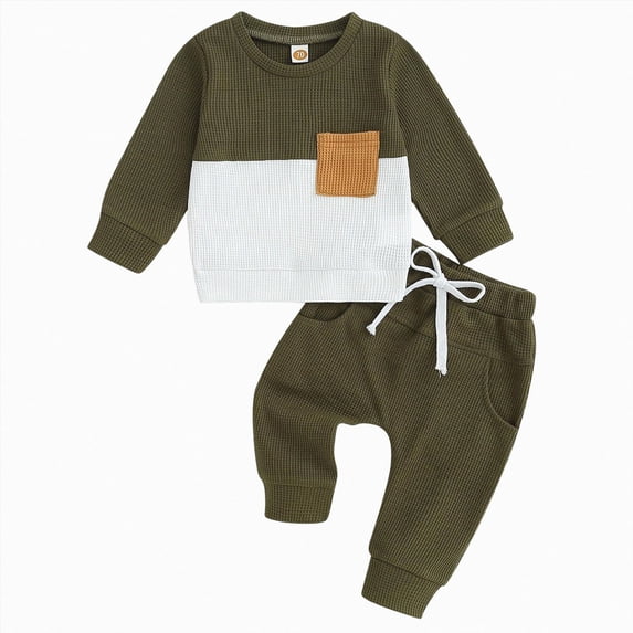 HCNTES Baby Boy Winter Clothes Baby Outfits Boy Fall 6 12 18 24 Months 2T 3T Boy Clothes Waffle-knit Color-blocked Trendy Pocket Sweatshirt Hoodie Drawstring Trousers Pants Suit
